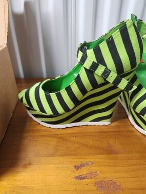 Riplay Neon Green and Black Striped Wedge Mary Jane
